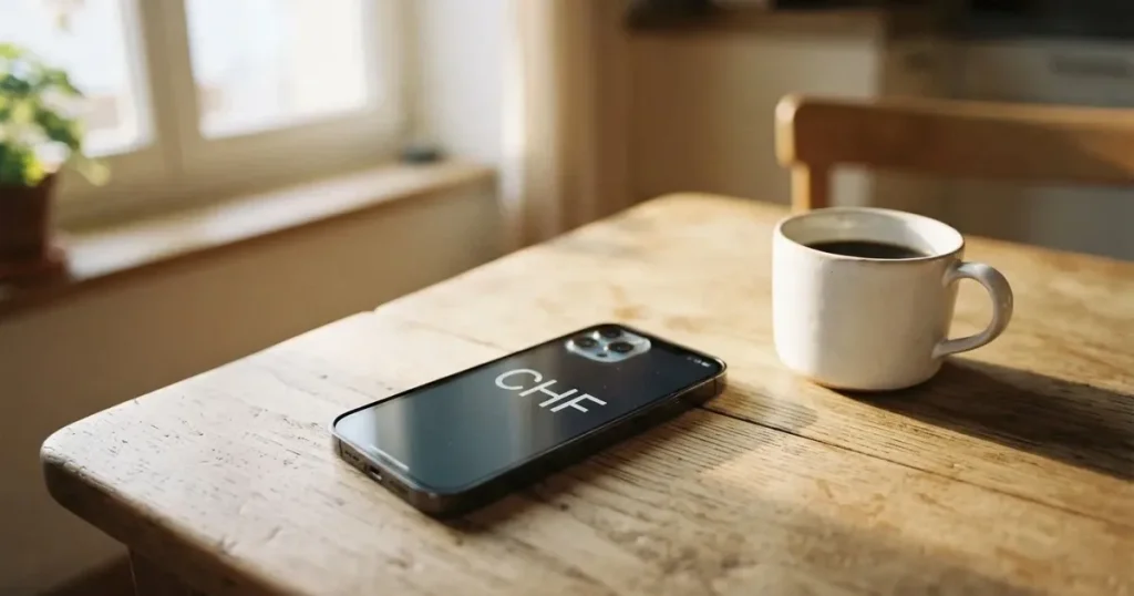 Ein Smartphone mit dunklem Display liegt auf einem hellen Holztisch neben einer Kaffeetasse, Morgenlicht fällt schräg durch ein Fenster.