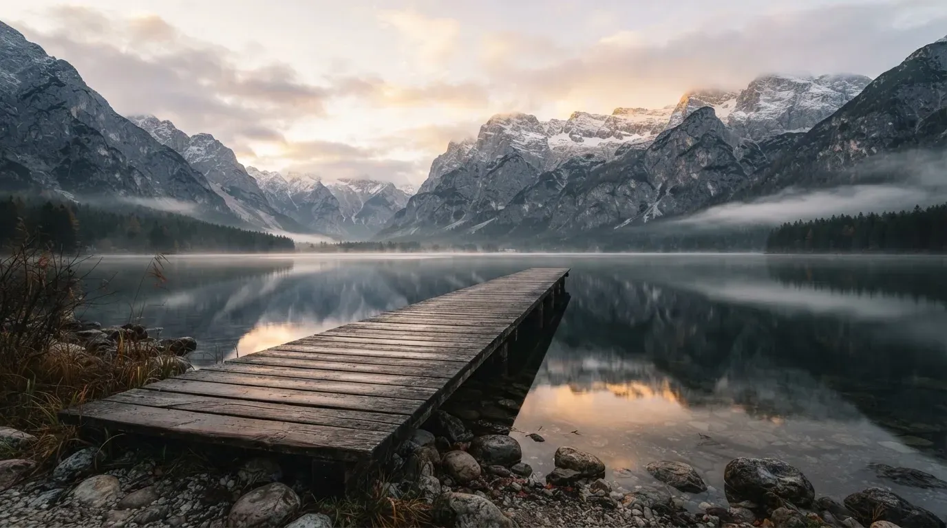 Ein Holzsteg führt über einen stillen Bergsee in den Alpen, über dem Wasser hängen bei Sonnenaufgang einzelne Nebelschwaden.