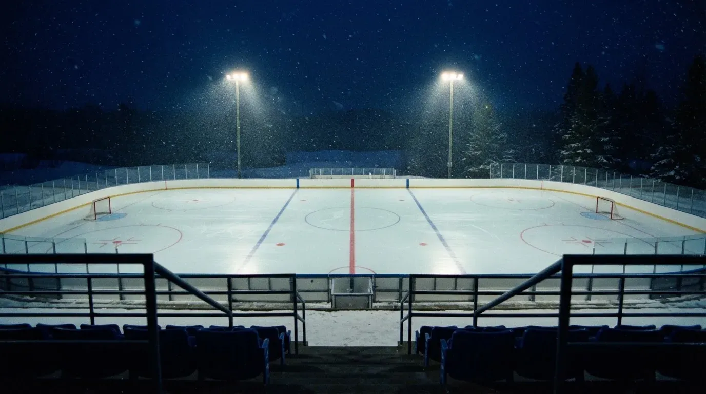 Eine Eishockeybahn liegt unter Flutlicht aus der Ferne betrachtet, leichter Schneefall treibt durch den Lichtkegel über dem Eis.