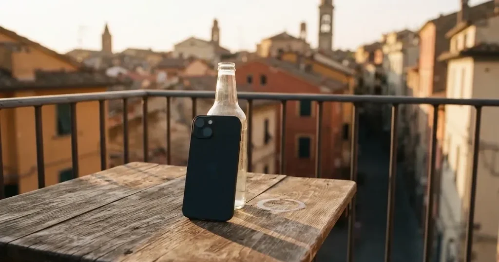 Ein Smartphone mit dunklem Display lehnt an einer Glasflasche auf einem Balkontisch, dahinter liegt eine Altstadt in der Abendsonne.