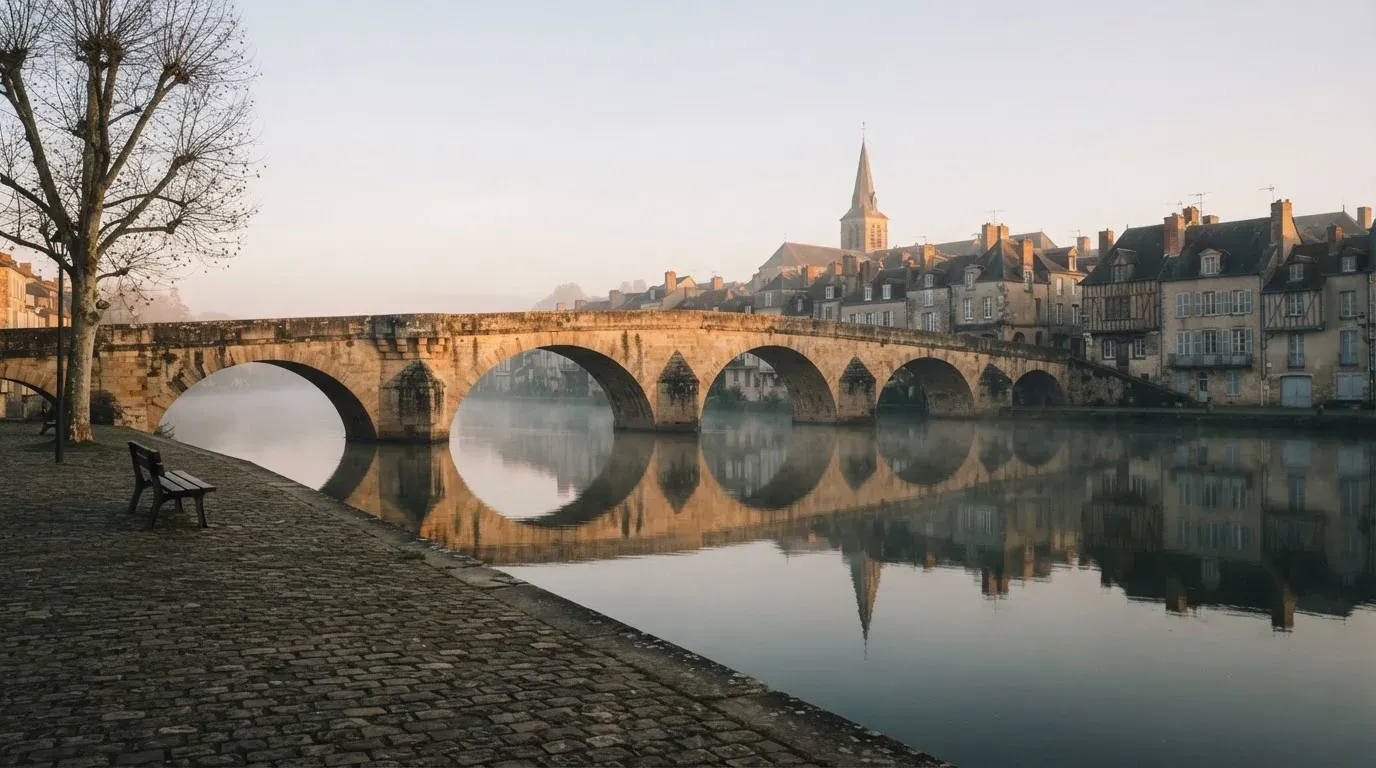 Eine steinerne Bogenbrücke überspannt am frühen Morgen einen Fluss in einer Altstadt, auf dem Wasser liegt dünner Nebel.
