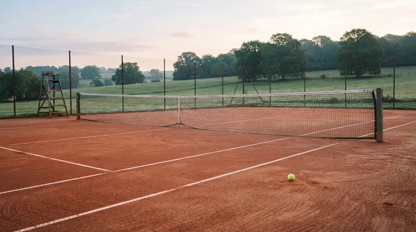Ein Sandplatz für Tennis liegt bei Morgengrauen leer da, Tau glänzt auf dem Netz, hinter dem Zaun steigen Wiesen an.