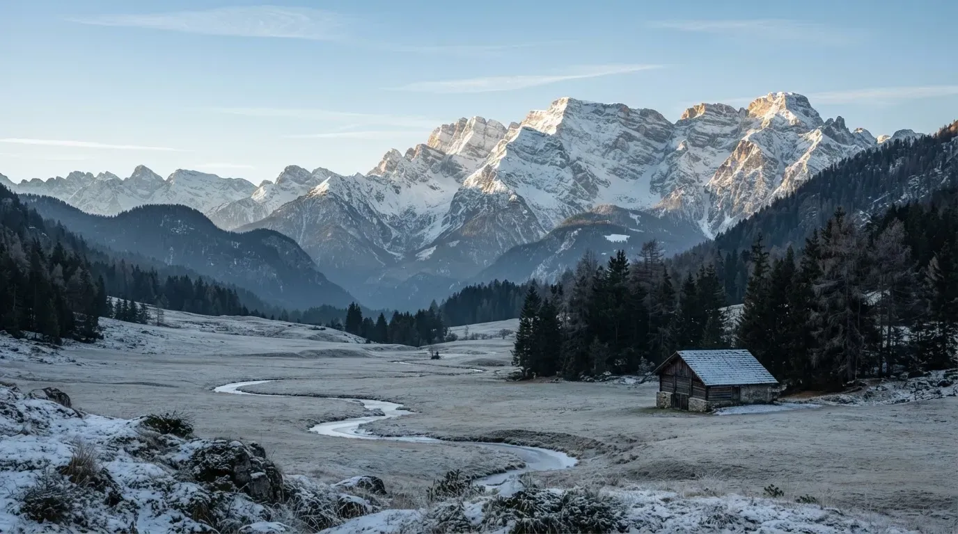 Eine verschneite Bergkette erhebt sich über einem stillen Tal, der Himmel darüber ist klar und von blassem Blau.