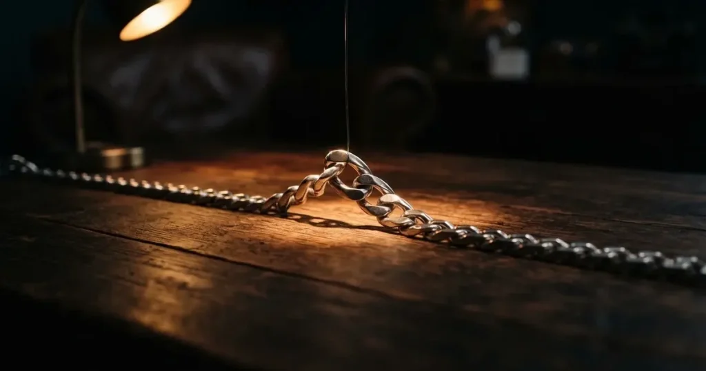 Eine Kette aus silbernen Gliedern liegt ausgebreitet auf dunklem Holz, ein einzelnes Glied ist von einer Lampe hell beleuchtet.