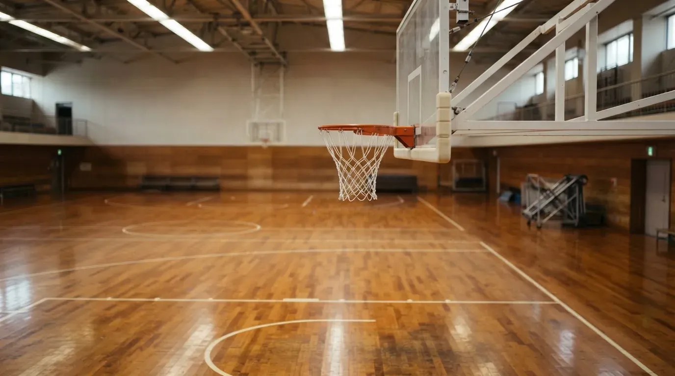 Ein Basketballkorb hängt in einer leeren Halle über einem Holzparkett, von der Decke fällt gleichmässiges Licht auf den Boden.
