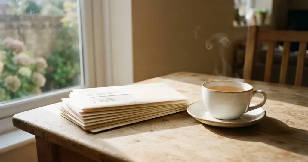 Ein Stapel schlichter Briefumschläge liegt auf einem Küchentisch neben einer Tasse Tee, durch das Fenster fällt Morgenlicht.