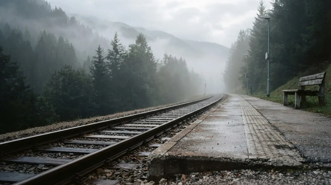 Ein leerer Bahnsteig in den Bergen mit zwei Gleisen, über den Schienen hängt Morgennebel und dahinter ragen dunkle Tannen auf.
