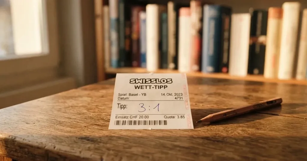 Ein kleiner Stapel Münzen liegt auf einem Holztisch neben einem Bleistift, im Hintergrund unscharf ein Regal mit Büchern.