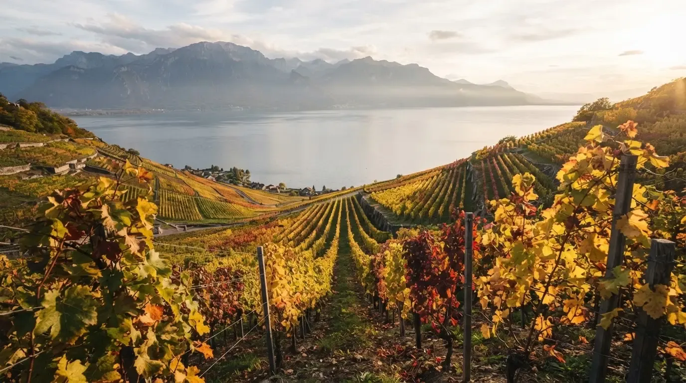 Rebzeilen ziehen sich im Herbstlicht einen Hang über einem See hinunter, die Blätter leuchten gelb und rot.