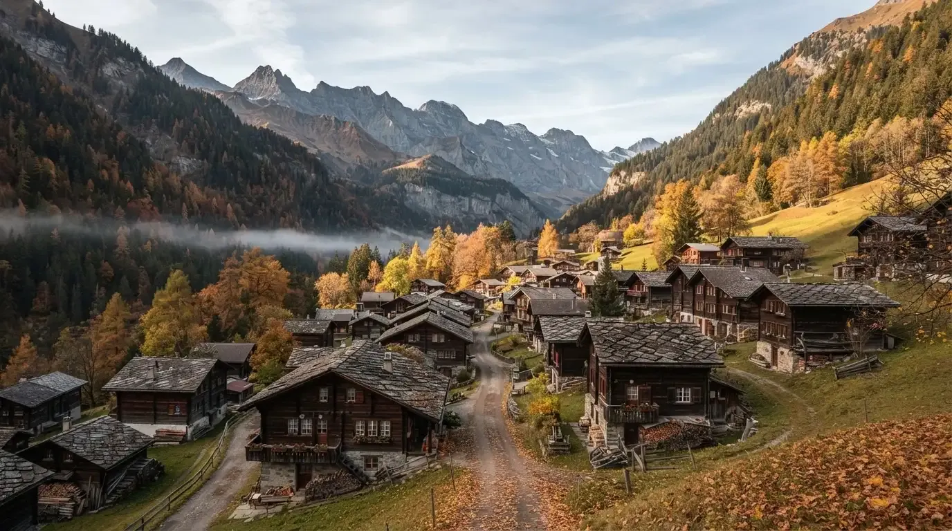 Ein kleines Dorf mit Holzhäusern liegt im Herbst in einem Tal, darüber ragen bewaldete Hänge und ein Bergkamm auf.