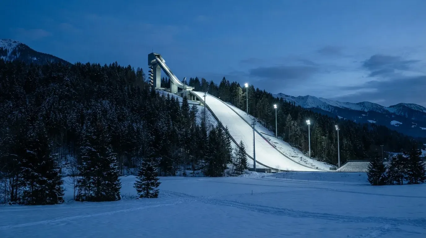 Eine Skisprungschanze steht am Abend im Flutlicht, aus der Ferne betrachtet, umgeben von dunklem Tannenwald und leichtem Schnee.