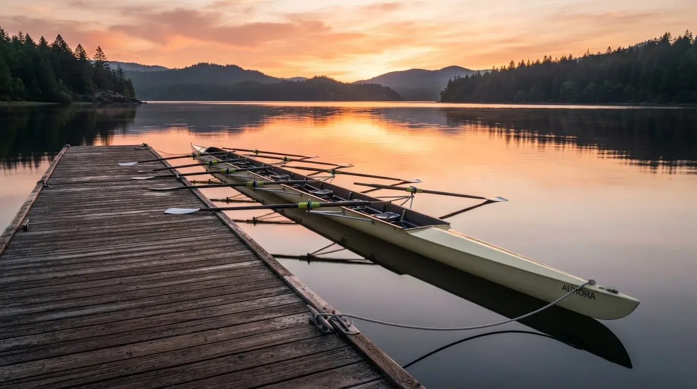Ein leerer Ruder-Achter liegt bei Sonnenaufgang am Steg eines Sees, das Wasser ist spiegelglatt und der Himmel orange.