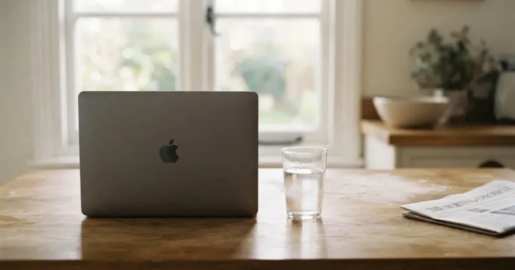 Ein geschlossener Laptop steht auf einem Küchentisch neben einem Wasserglas, durch das Fenster dahinter fällt weiches Tageslicht.