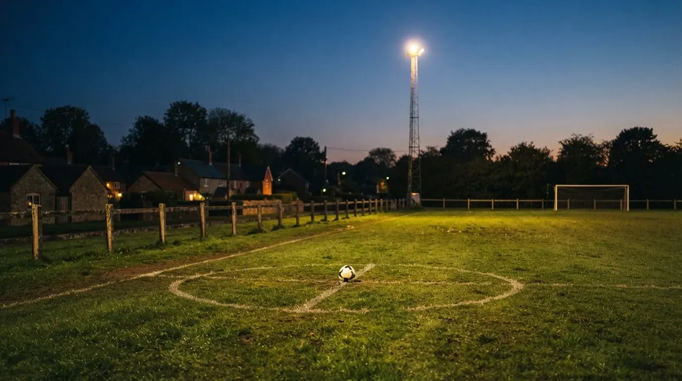 Ein kleiner Dorf-Fussballplatz liegt in der Dämmerung unter einem hohen Flutlichtmast, am Spielfeldrand steht ein Holzzaun.