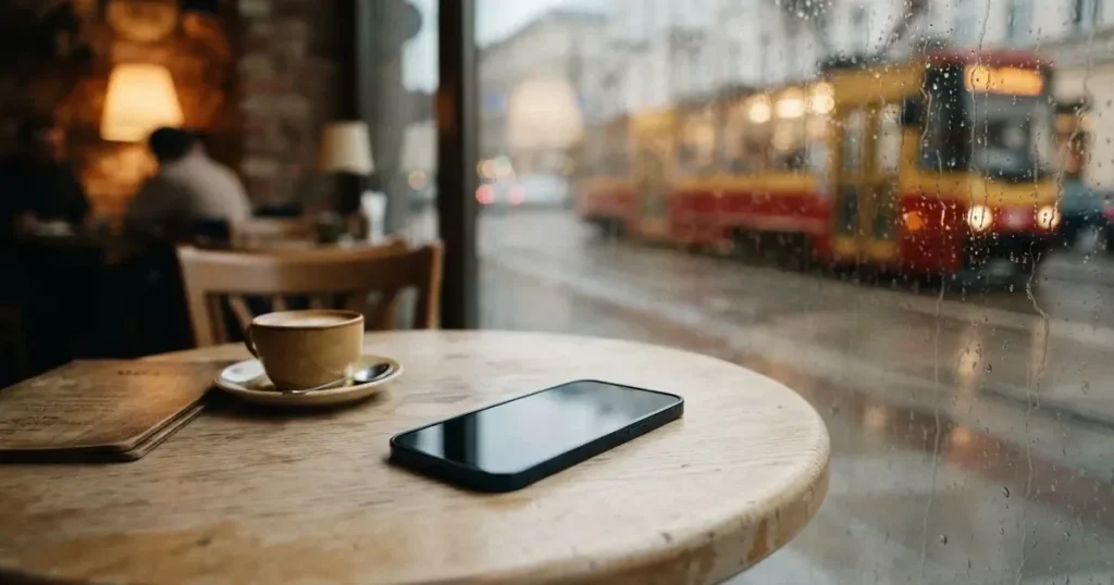 Ein Café-Tisch am Fenster trägt ein Smartphone mit dunklem Display, an der Scheibe laufen Regentropfen herunter und draussen steht eine Tram.