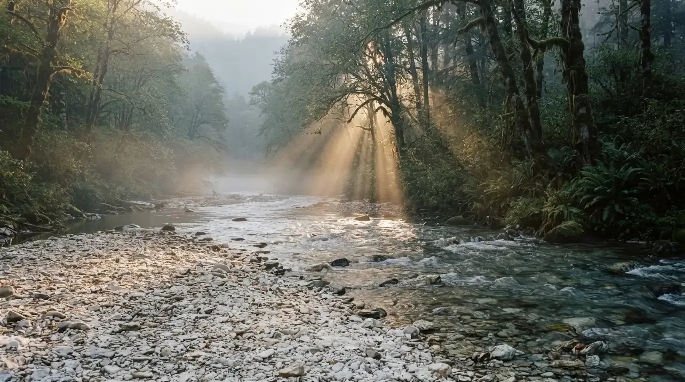 Ein Fluss mit breiter Kiesbank fliesst durch einen Wald, über dem Wasser hängt früher Nebel und Sonnenstrahlen brechen durch.