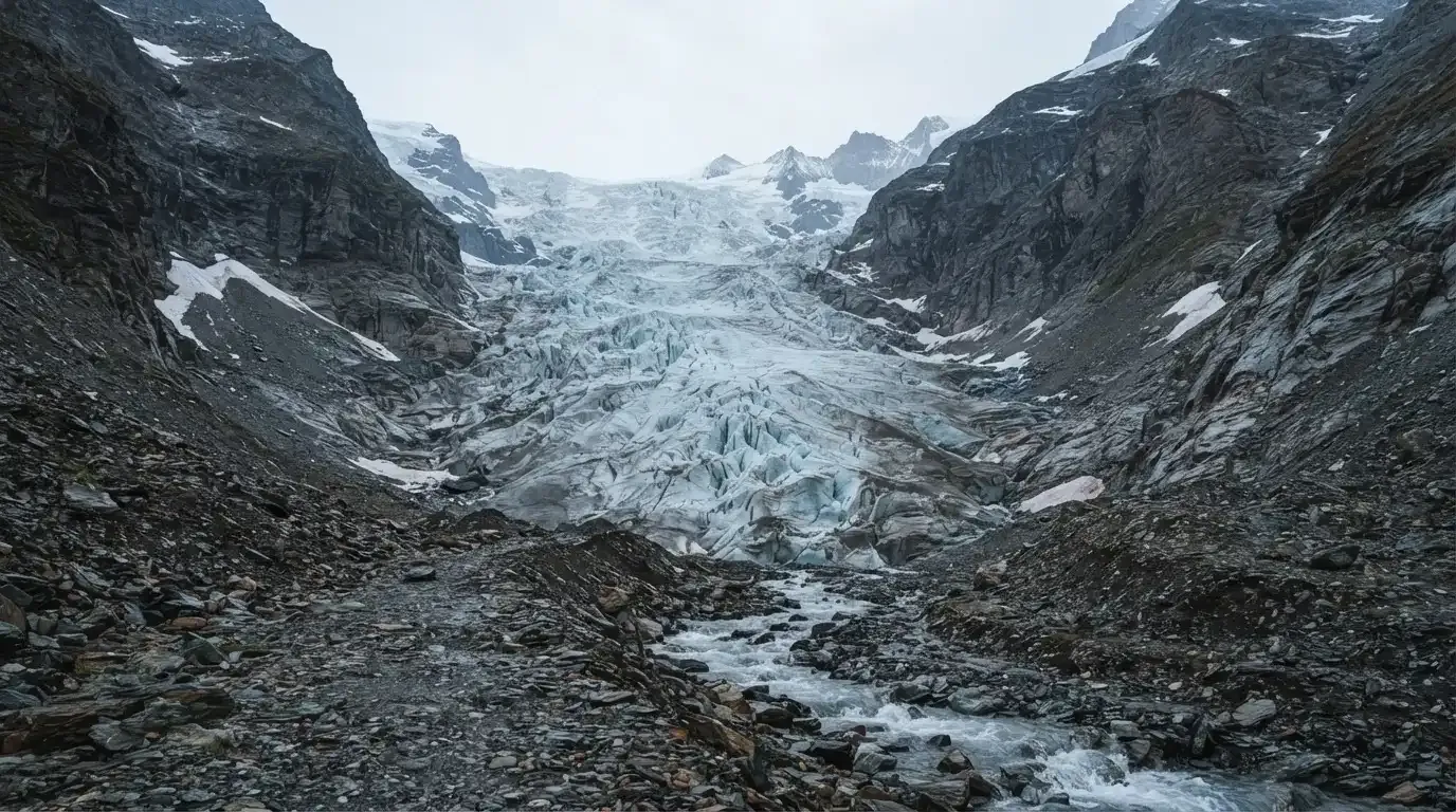 Ein Gletscher schiebt sich zwischen steile Felswände, im Vordergrund liegen Geröll und ein schmaler Bach in kaltem Licht.