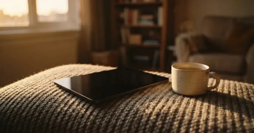 Ein Tablet mit schwarzem Display liegt auf einem Sofakissen, daneben ein Becher mit Tee, vom Fenster her fällt Abendlicht.