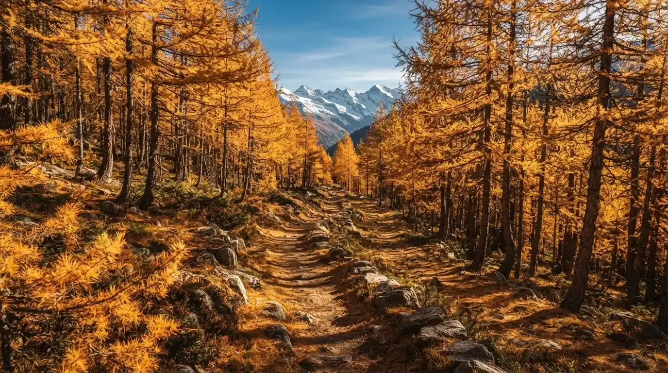 Ein Wanderweg schlängelt sich durch einen goldgelben Lärchenwald, in der Ferne sind schneebedeckte Berge zu sehen.