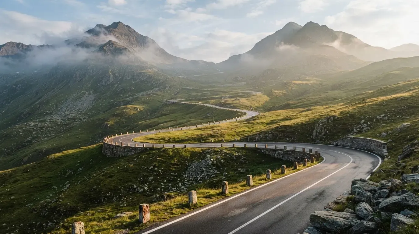 Eine leere Passstrasse mit Serpentinen windet sich im Morgenlicht einen Berg hinauf, am Rand stehen niedrige Steinpfosten.