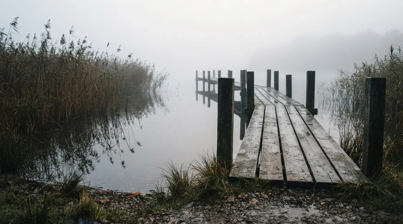 Ein Seeufer mit Schilf und einem schmalen Holzsteg liegt im Nebel, das Wasser ist ruhig und das andere Ufer kaum sichtbar.