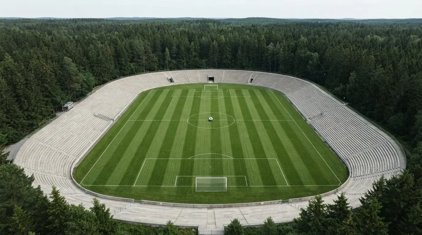 Ein Rasenplatz mit Spielfeldlinien ist von oben gesehen, ein einzelner Ball liegt in der Mitte, rundherum stehen leere Tribünen und Tannenwald.