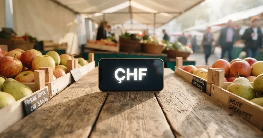 Ein Smartphone mit dunklem Display liegt auf dem Holztisch eines Marktstands zwischen Äpfeln und Birnen, morgendliches Licht fällt durch eine Plane.