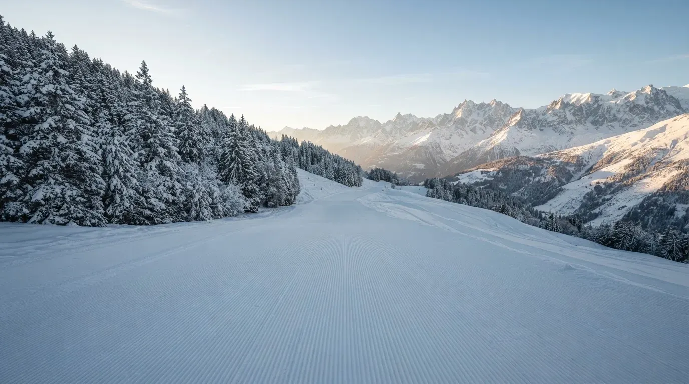 Eine frisch präparierte Skipiste liegt im Morgenlicht leer da, am Rand stehen verschneite Tannen und im Hintergrund Gipfel.