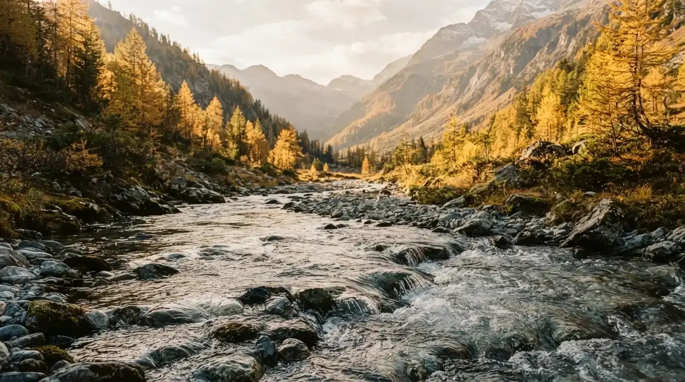 Ein Bergbach fliesst über glatte Steine durch ein enges Tal, an den Hängen leuchten Lärchen in gelbem Herbstlicht.