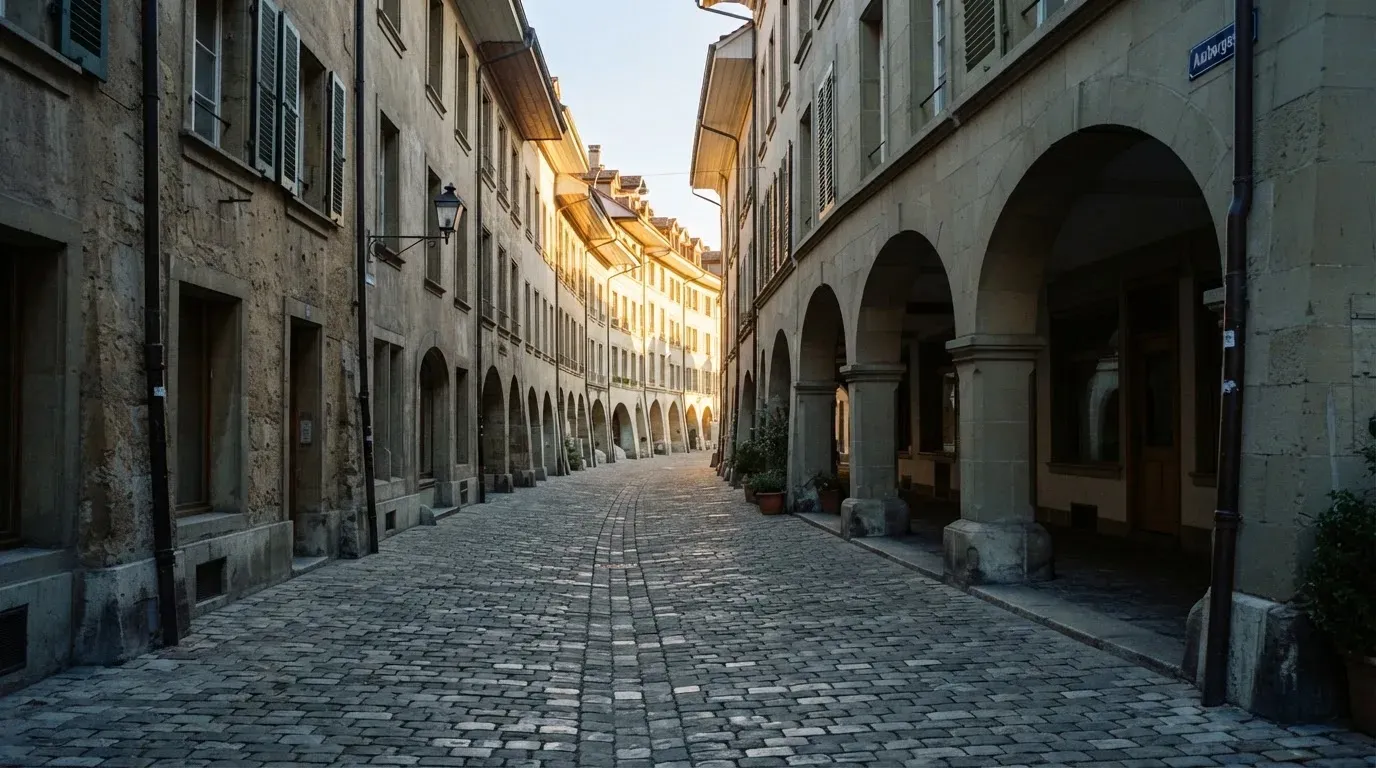Eine kopfsteingepflasterte Gasse mit Arkaden in einer Schweizer Altstadt im frühen Morgenlicht, niemand ist unterwegs.
