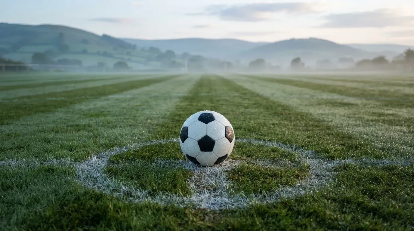 Ein Fussball liegt am frühen Morgen auf dem Anstosspunkt eines taunassen Rasens, im Hintergrund erheben sich Hügel im Dunst.