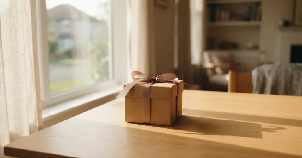Eine kleine Geschenkschachtel mit schlichtem Band steht auf einem hellen Holztisch neben einem Fenster mit Morgenlicht.