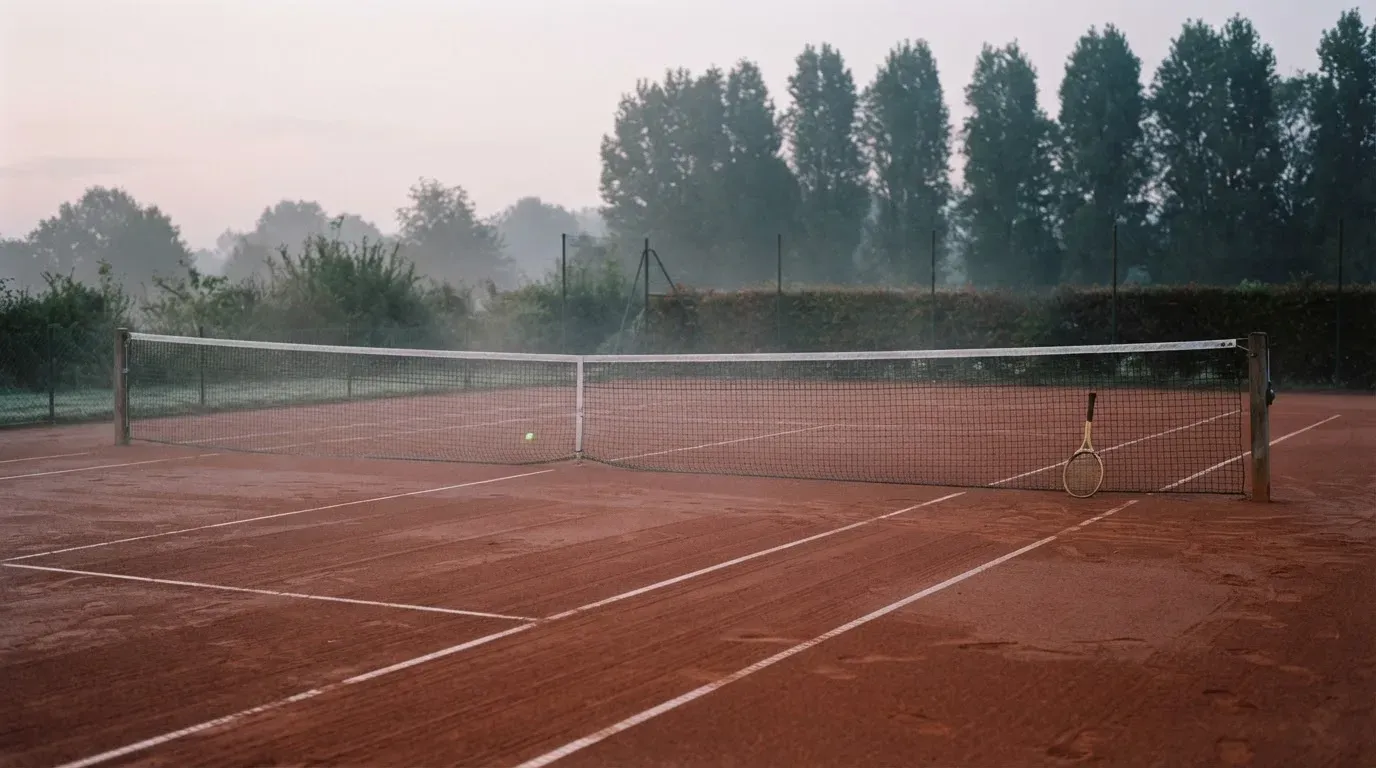 Ein Tennisplatz im Morgengrauen mit gespanntem Netz und feinem Dunst über der roten Asche.