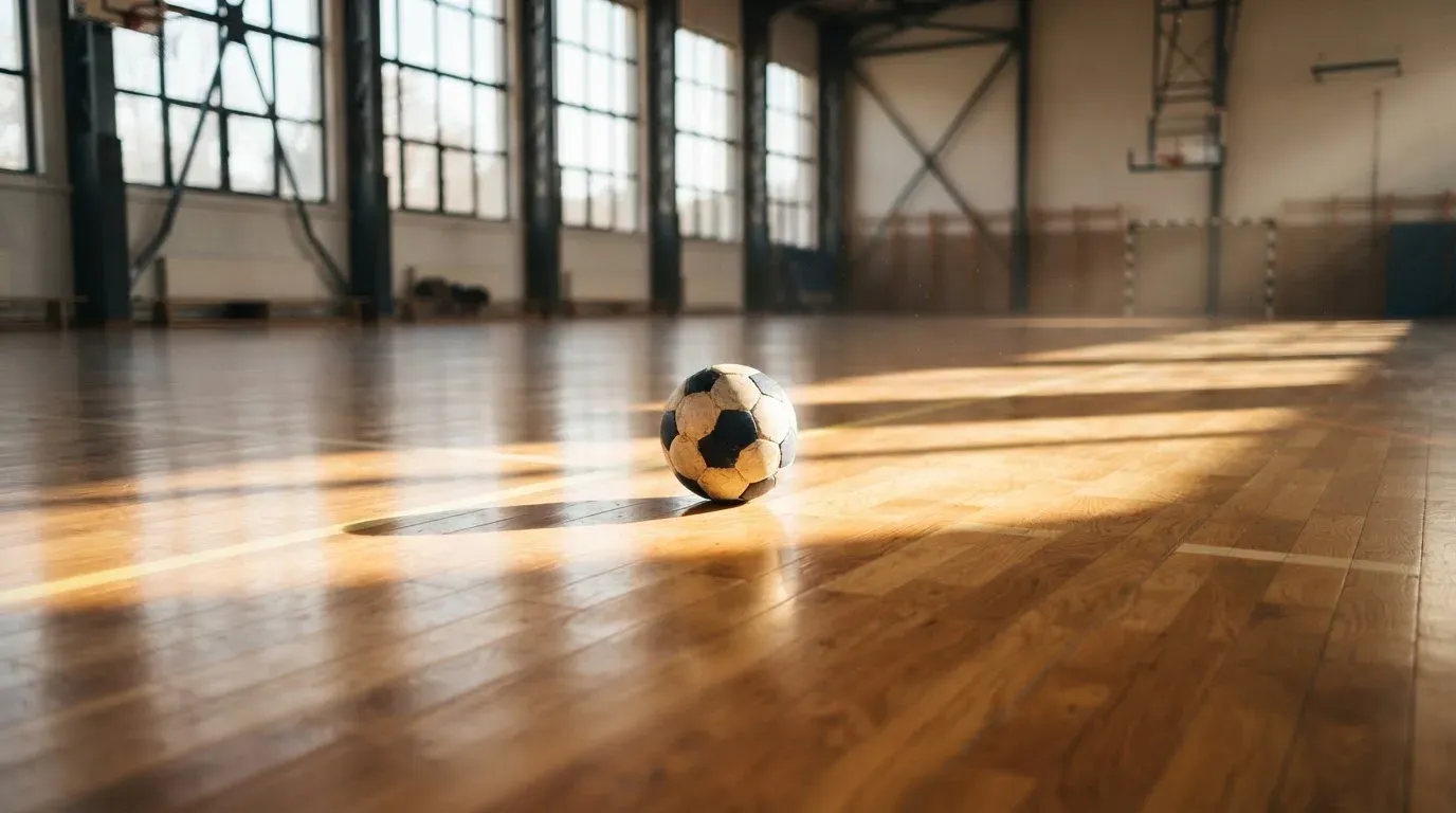 Der Boden einer Sporthalle aus poliertem Parkett mit einem einzelnen Handball in der Mitte, Licht fällt durch hohe Fenster.