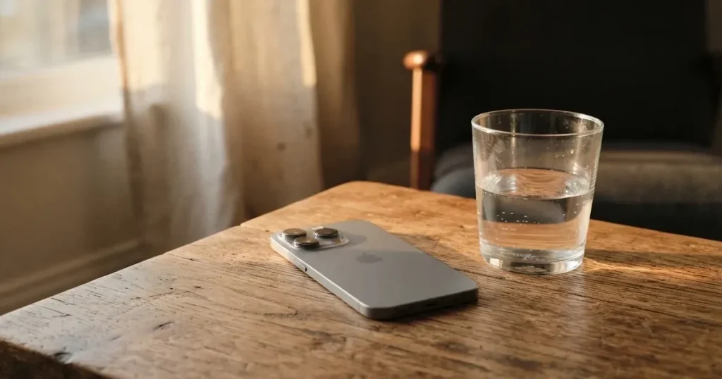 Ein Smartphone liegt mit dem Display nach unten auf einem Holztisch neben einem Wasserglas.