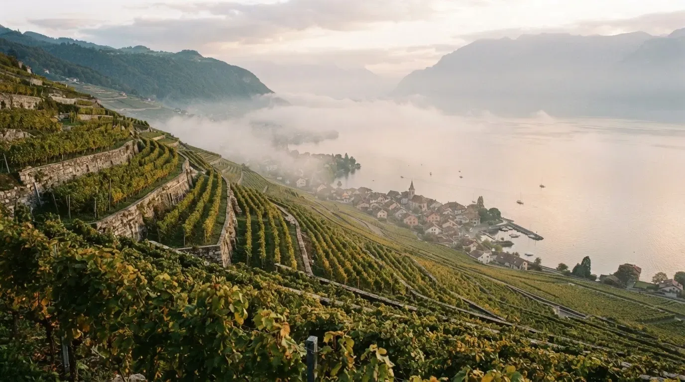 Terrassierte Weinberge über einem See im Morgendunst, am Ufer liegt ein kleines Dorf.