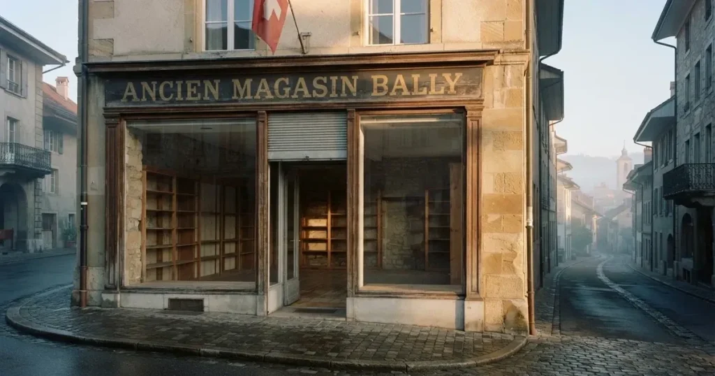 Ein leerstehendes Ladenlokal mit grossen Schaufenstern und kahlen Regalen in einer ruhigen Strasse beim ersten Tageslicht.