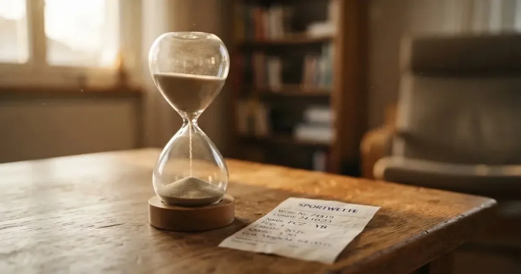 Ein kleiner Stapel Münzen neben einer Sanduhr auf einem Holztisch im weichen Fensterlicht.