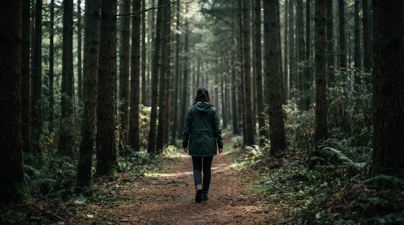 Eine Person von hinten auf einem Waldweg, die langsam zwischen hohen Tannen geht.