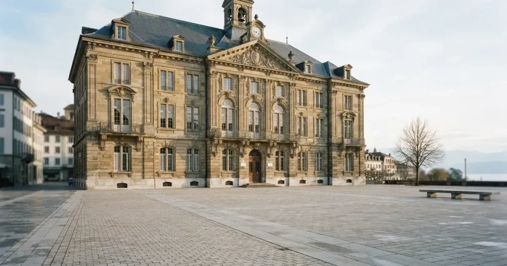 Die Fassade eines Sandsteingebäudes mit hohen Fenstern im weichen Licht des Vormittags, davor ein leerer Platz.
