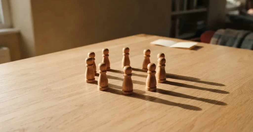 Acht gleiche Holzfiguren stehen in einem Kreis auf einem hellen Tisch im Seitenlicht.