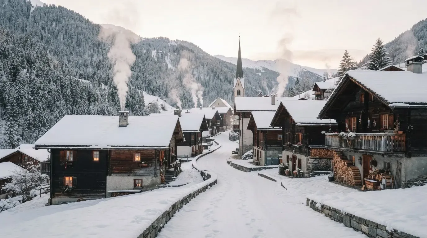 Eine verschneite Dorfstrasse mit Kirchturm im Hintergrund, Rauch steigt aus den Kaminen.