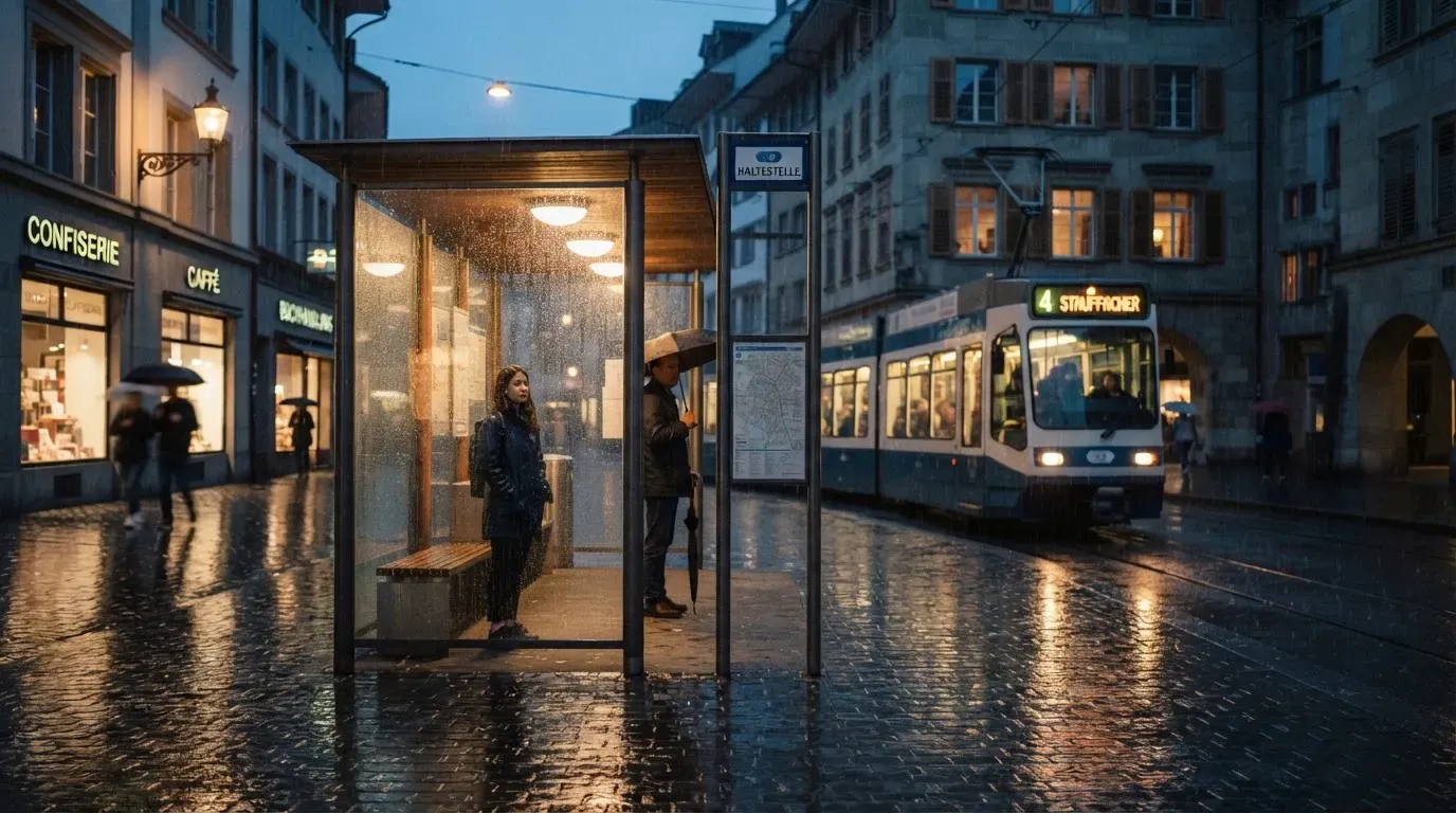 Eine Tramhaltestelle in einer Schweizer Stadt bei Regen, nasses Pflaster spiegelt das Licht.