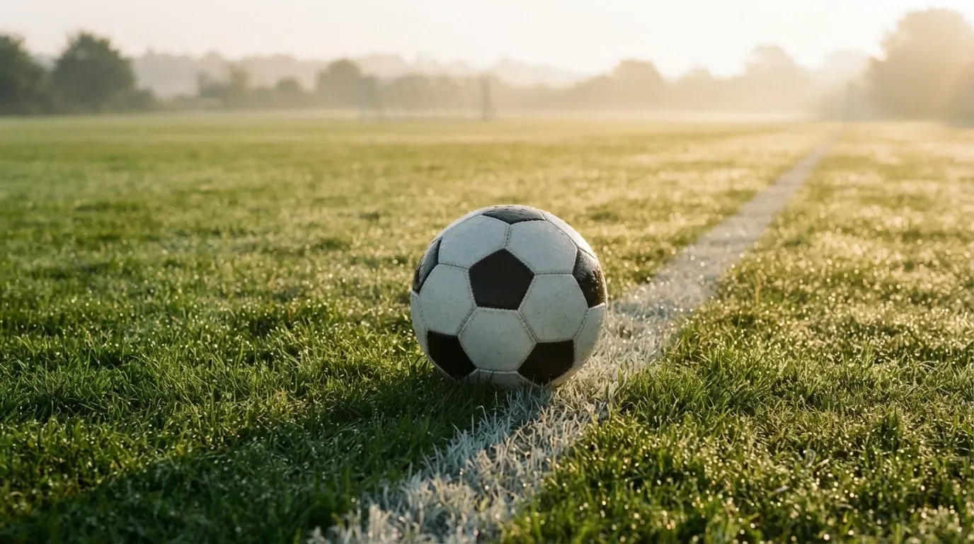 Ein Fussball ruht an der Seitenlinie im taufeuchten Gras, die ersten Sonnenstrahlen fallen schräg über den Platz.