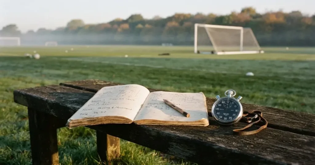 Ein abgegriffenes Notizheft, ein Bleistift und eine Stoppuhr liegen auf einer Bank am Rand eines Trainingsplatzes.