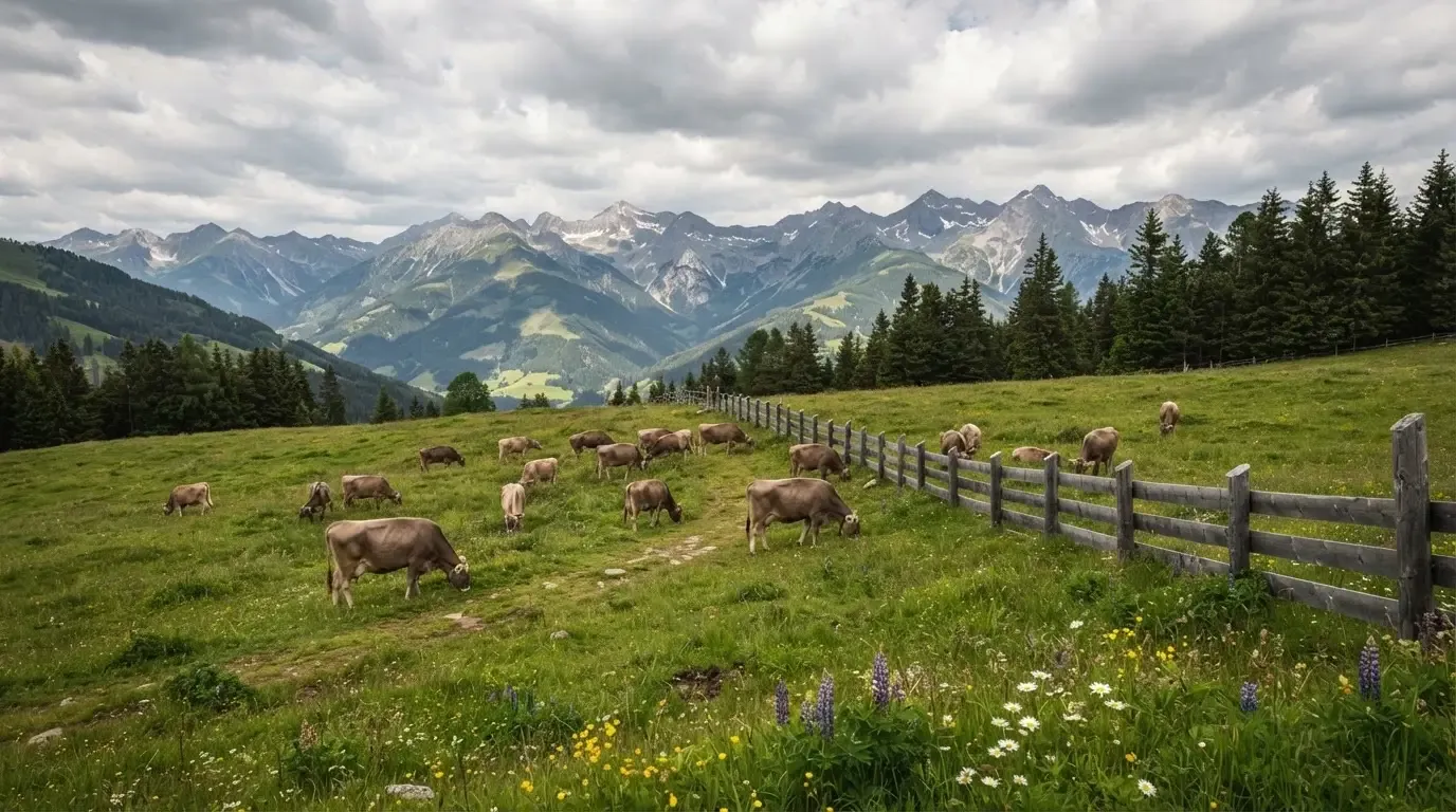 Eine Alpwiese mit weidenden Kühen und einem Holzzaun unter wolkigem Himmel.
