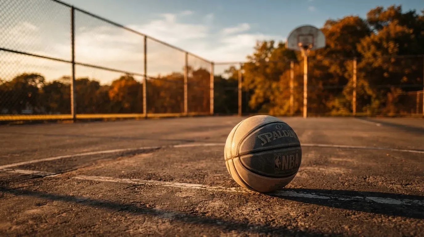 Ein Basketball liegt bei Sonnenuntergang auf einem leeren Aussenplatz, lange Schatten fallen über den Boden.