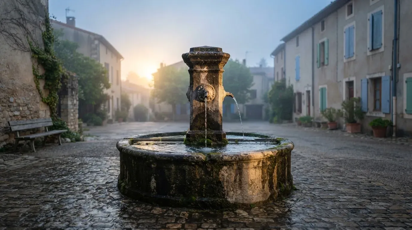 Ein Steinbrunnen auf einem stillen Dorfplatz im ersten Morgenlicht, Wasser fliesst ruhig in das Becken.