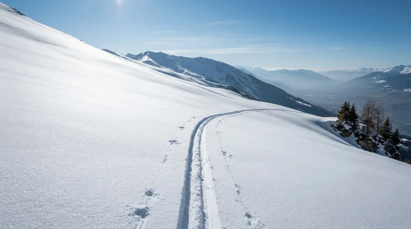 Skispuren im frischen Schnee an einem sonnigen Hang vor blauem Himmel.