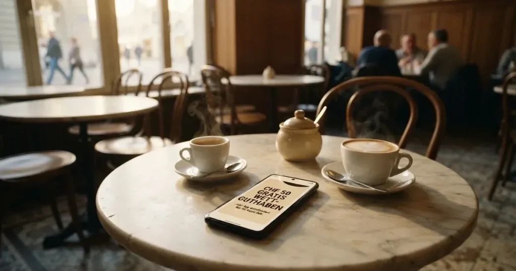 Zwei Kaffeetassen und eine Zuckerdose stehen auf einem runden Marmortisch in einem leeren Café am Morgen.